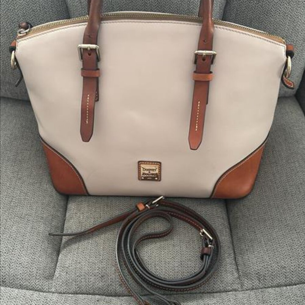 Dooney & Bourke Zip Top Satchel – Taupe & Tan Leather – Shoulder Strap Inc - Picture 5 of 6